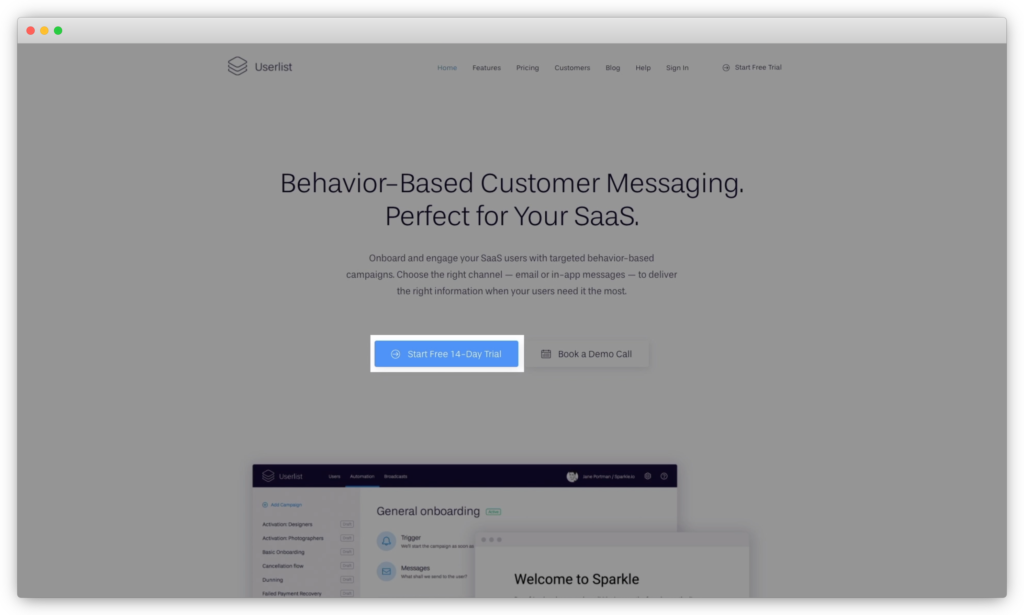Userlist's button copy of free 14-Day Trial