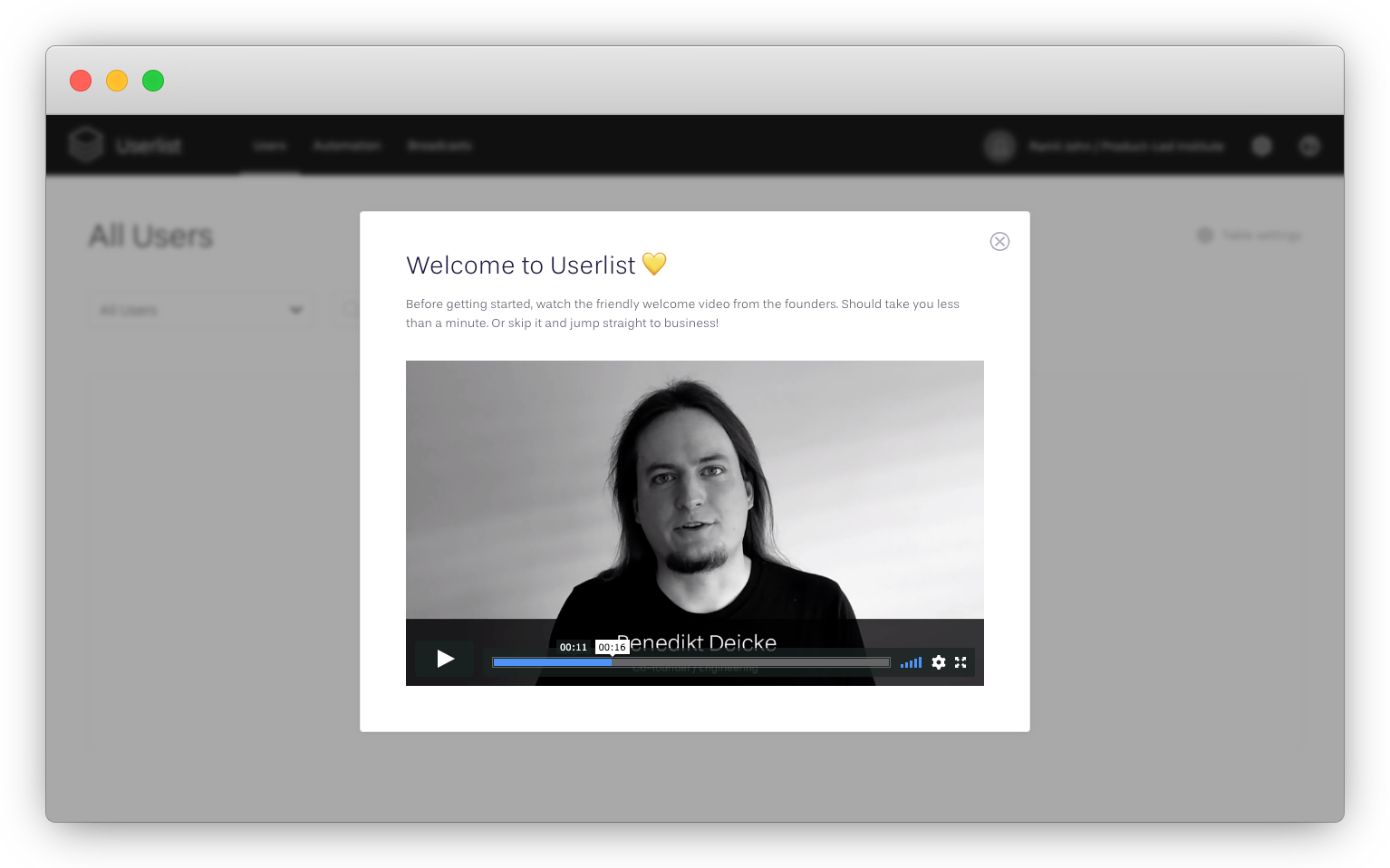 Welcome message of Userlist from co-founders