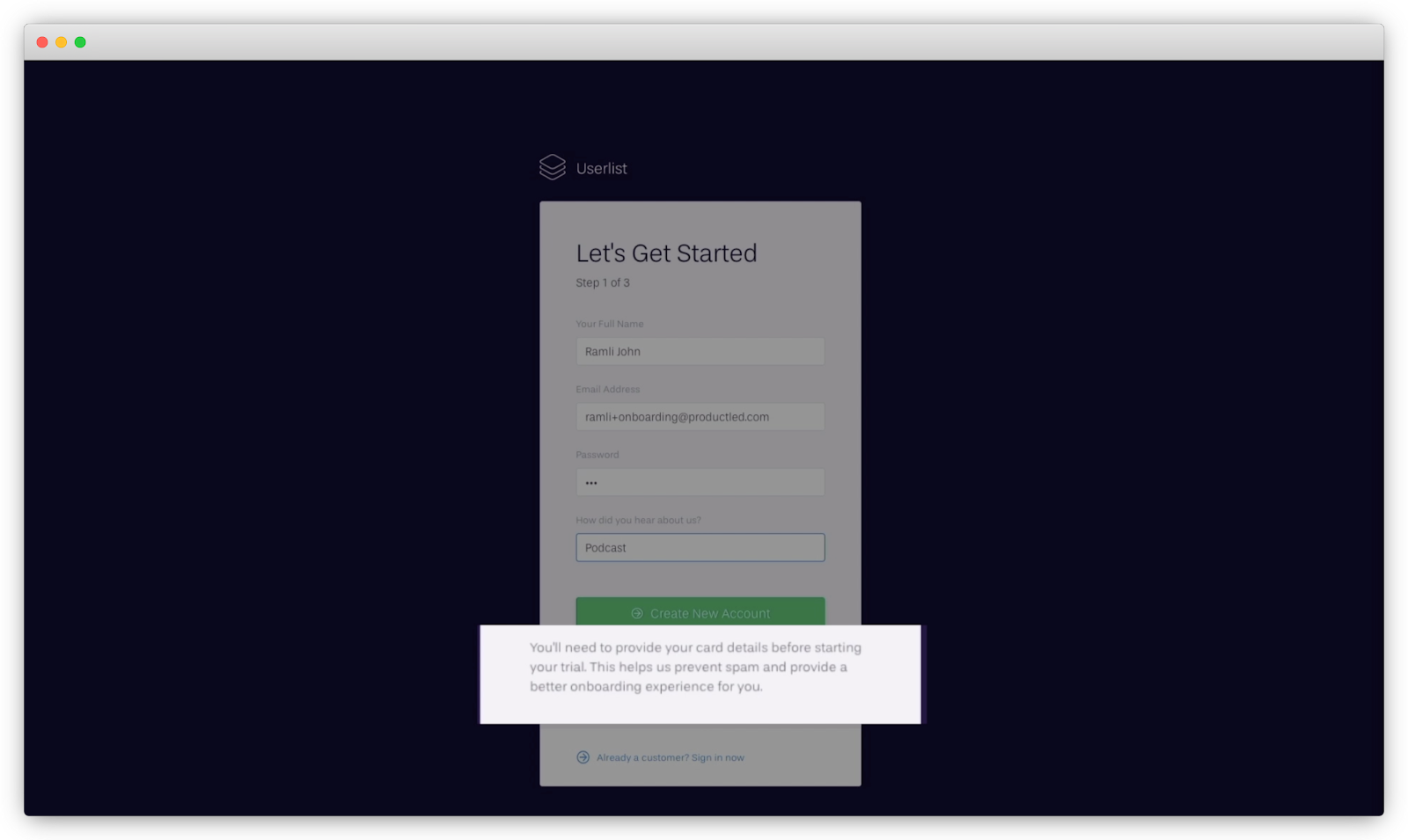 Userlist's information about credit card requirement
