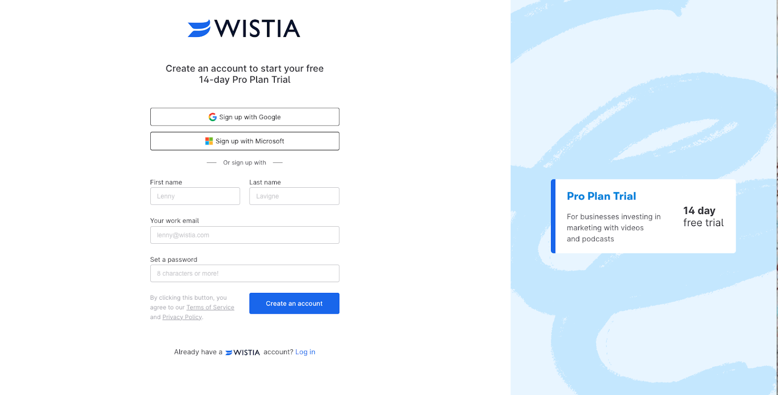 Wistia's Pro Plan Trail free registration page