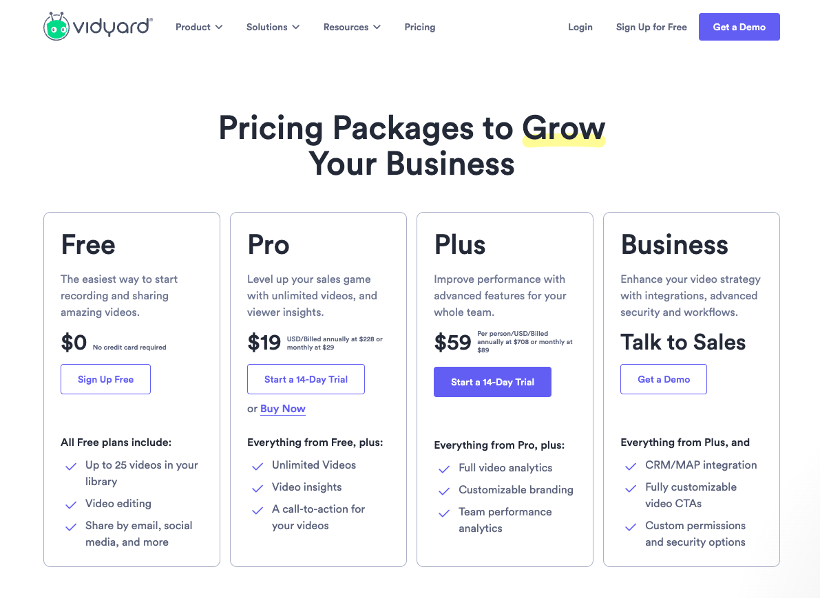 Vidyard's Free Trial Pricing Plan