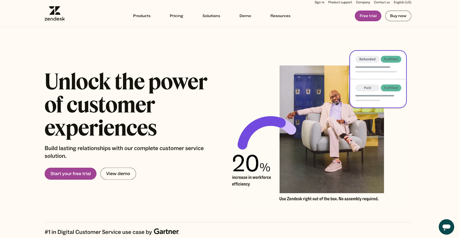 Zendesk homepage and free trail offerZendesk homepage above the fold with free trial and demo options.