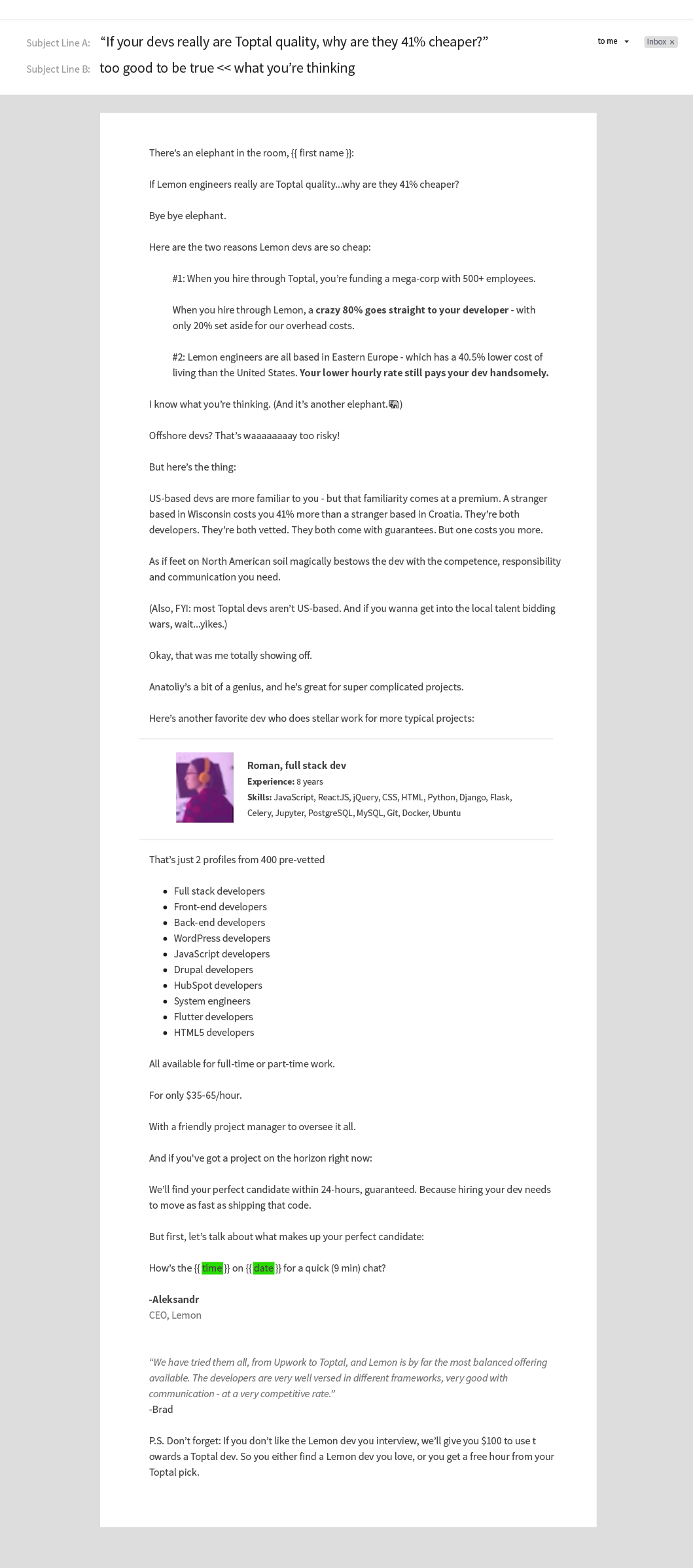 Product Led Cold Email Example