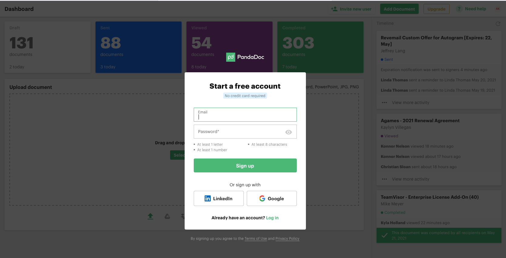 PandaDoc sign-up page