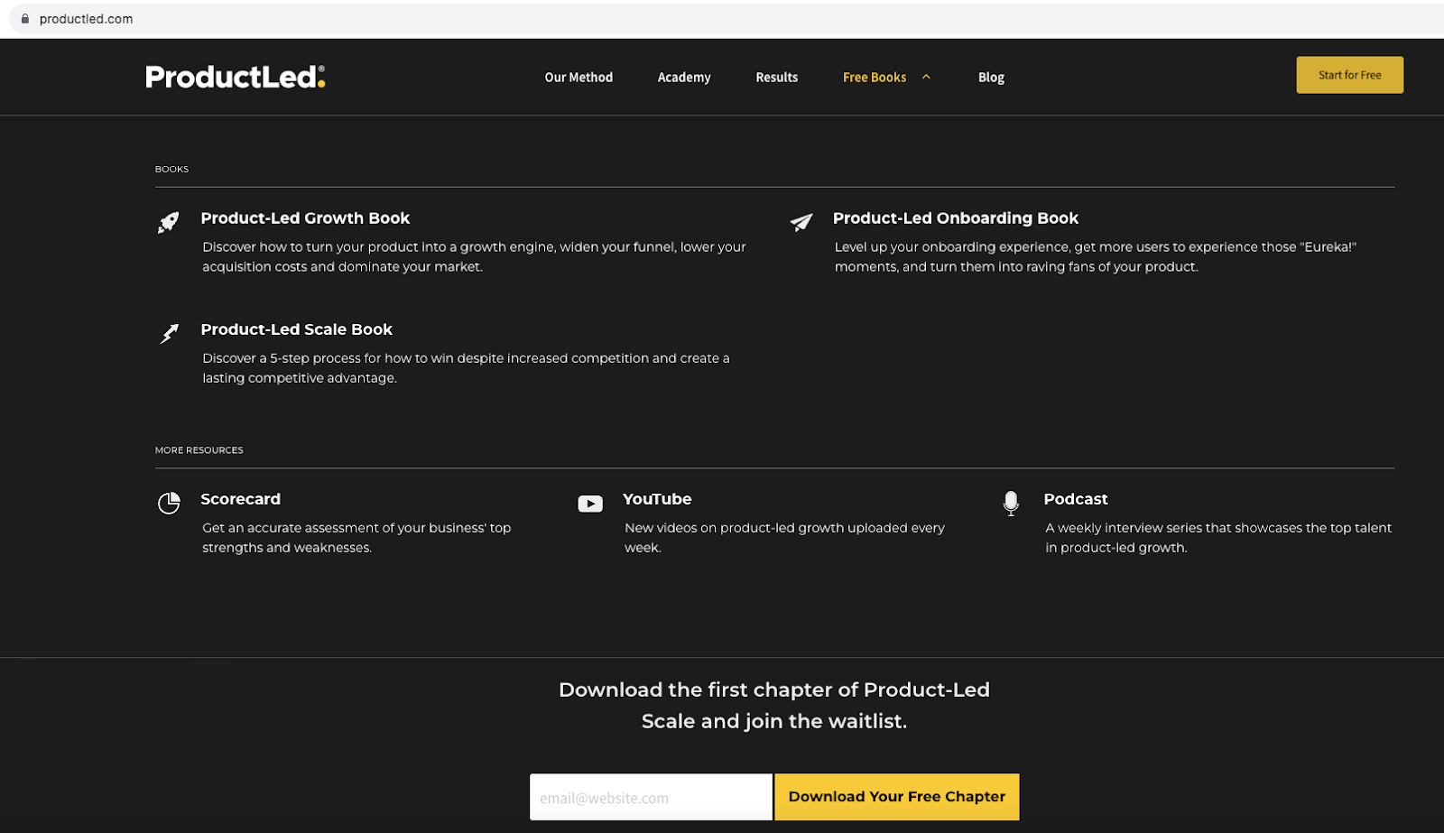 Free content examples like free books on ProductLed's website that are part of their freemium business model