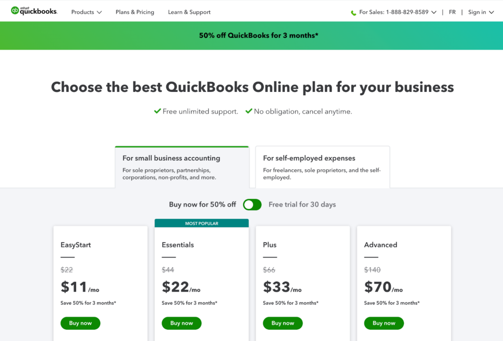 Quickbooks plans and pricing page
