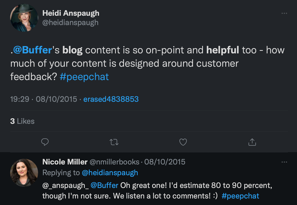 A conversation between Nicole Miller, former Director of People at Buffer, and a reader as far back as 2015