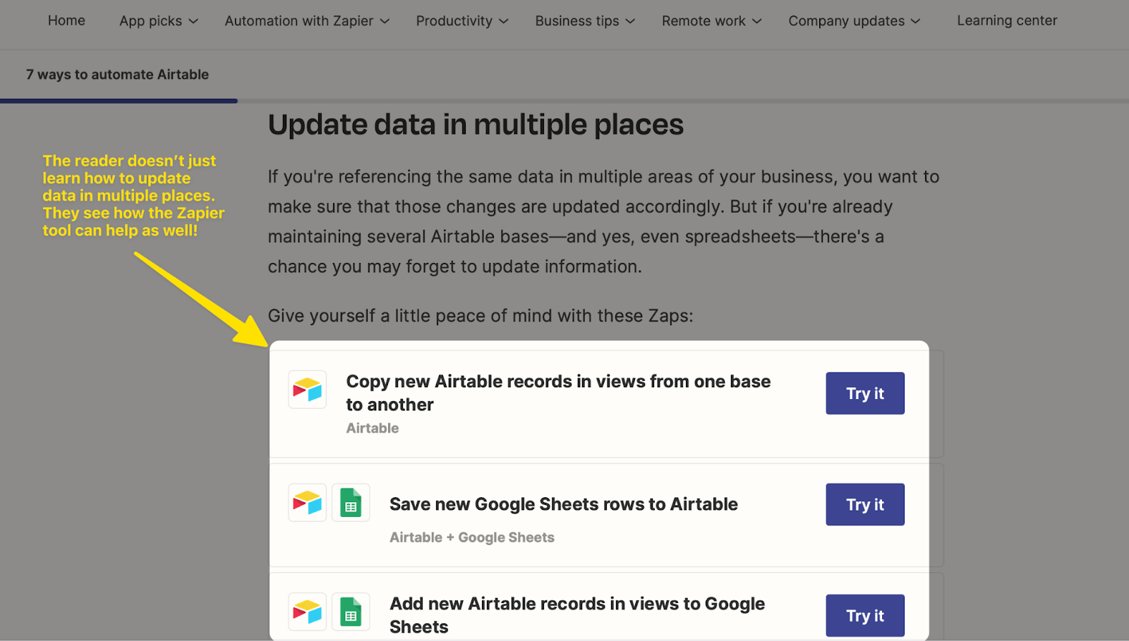 An example of Zapier’s problem-solving content