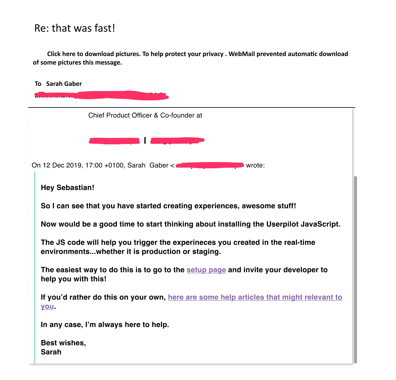 Userpilot's email message to install JavaScript.