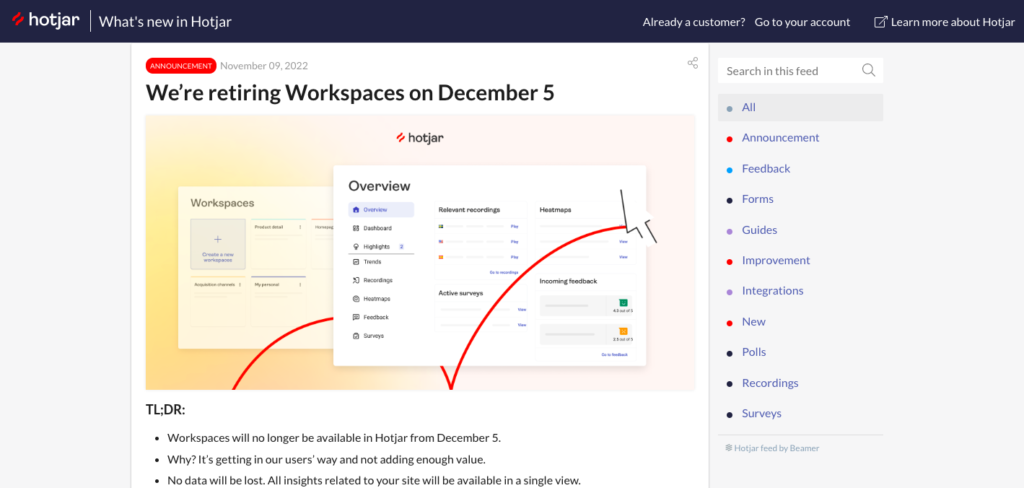 Hotjar: We're retiring Workspaces