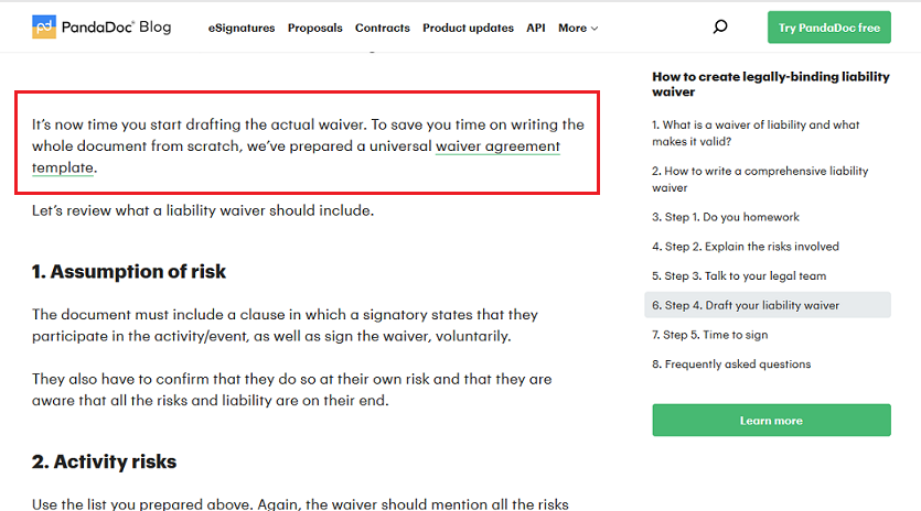 A screenshot from PandaDoc  mentioning that they provide a template to make waiver creation simple and fast