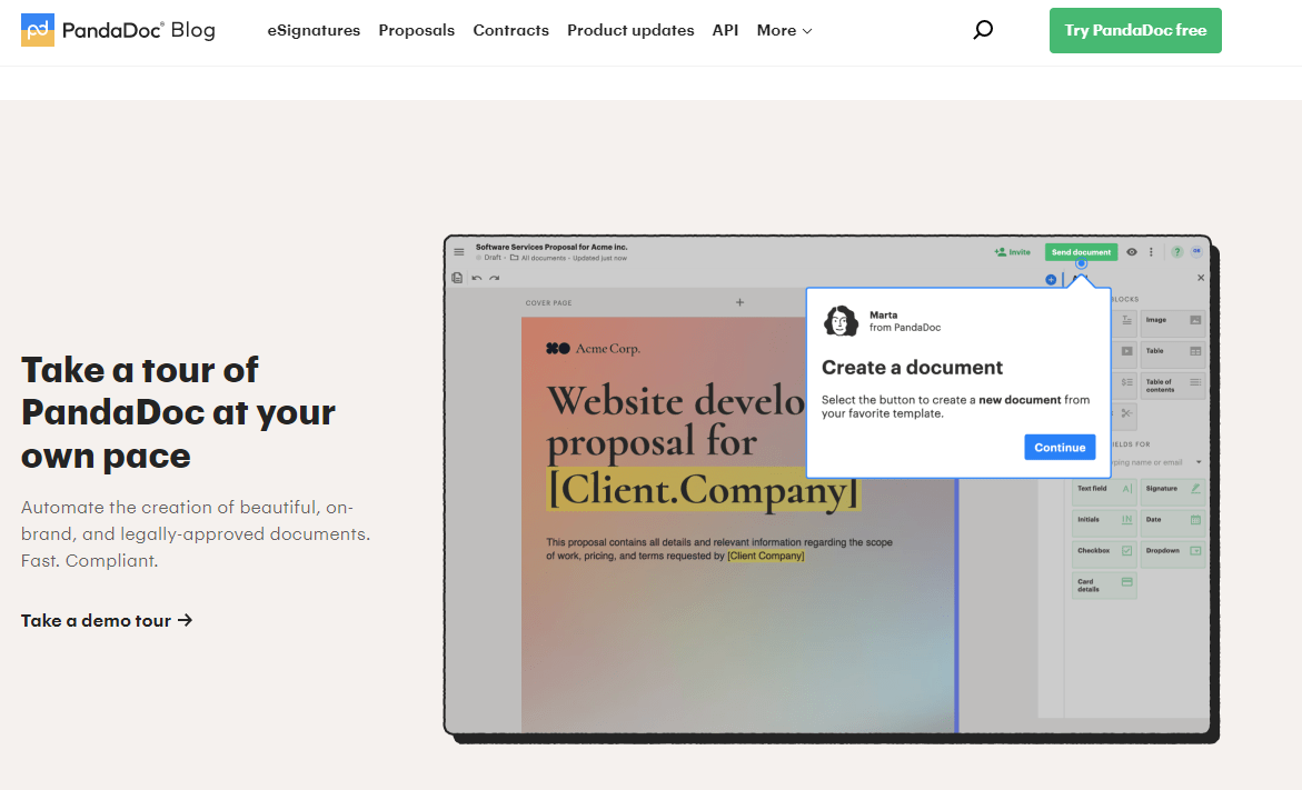 A screenshot of PandaDoc's product tour