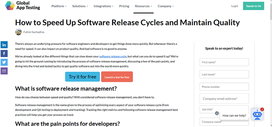 a screenshot taken from global testing app about how to speed up software release cycles and maintain quality