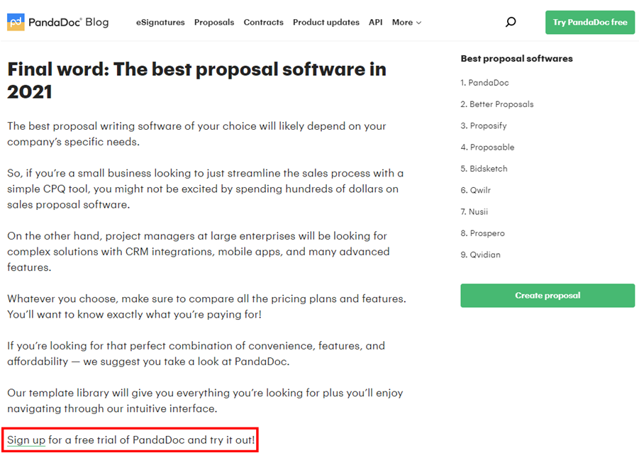 A screenshot of PandaDoc's call to action