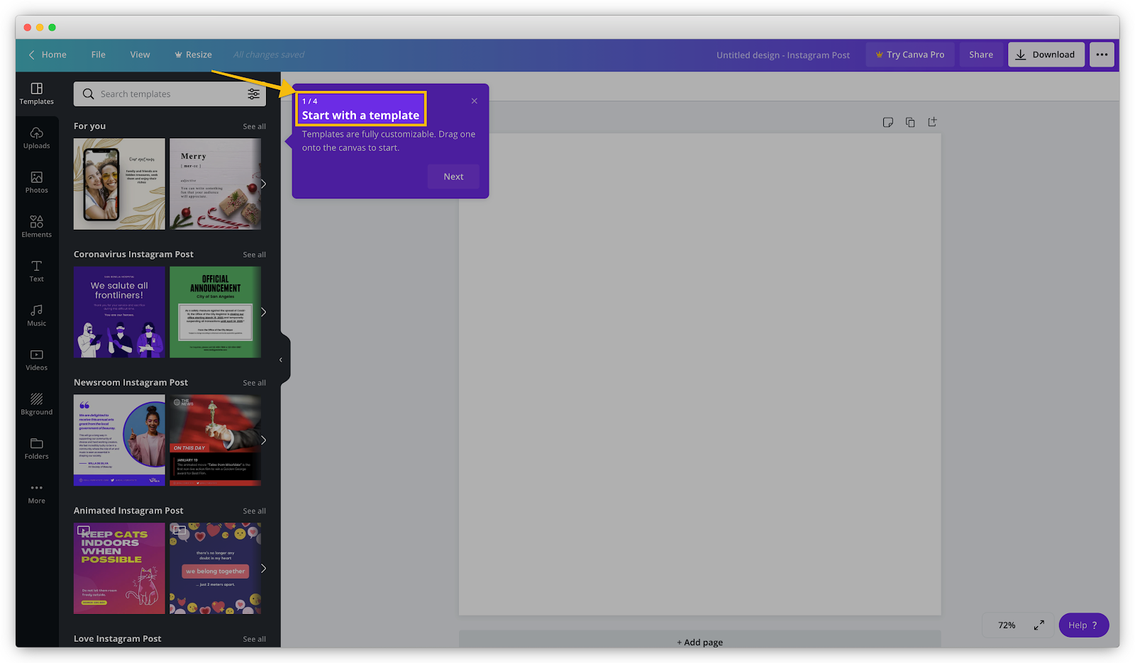 A screenshot of Canva's product tour