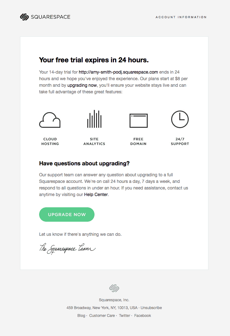 Squarespace expiry warning email