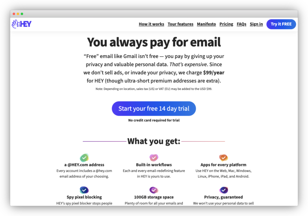 Hey's pricing page