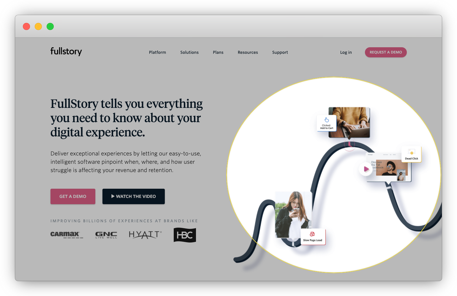 The main image above-the-fold of FullStory's homepage