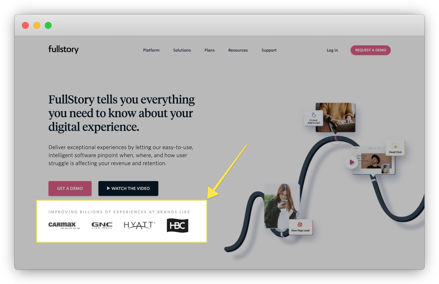 The logos above-the-fold of FullStory's homepage