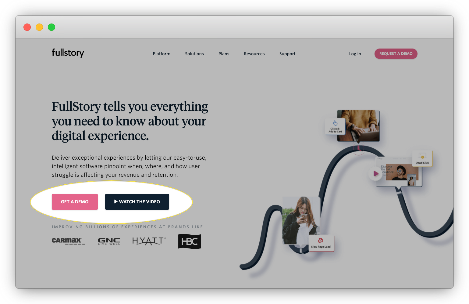 The main CTA above-the-fold of FullStory's homepage