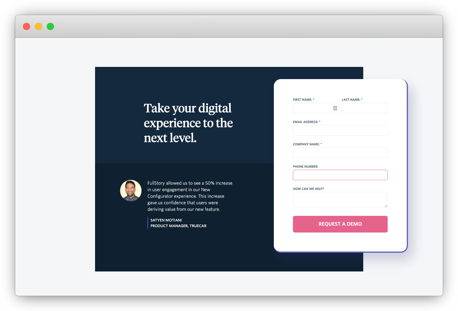 The CTA section of FullStory's homepage