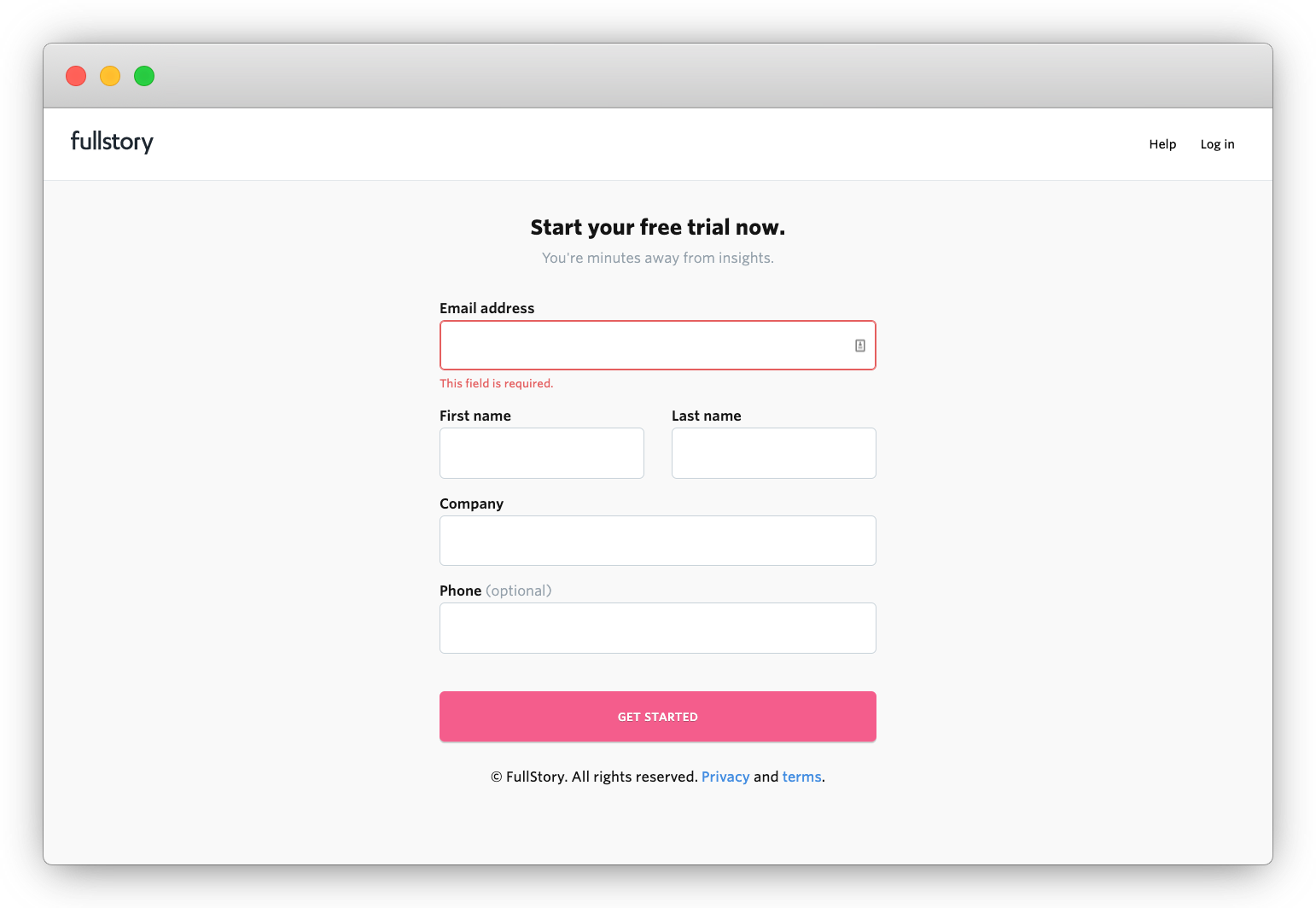 FullStory signup page