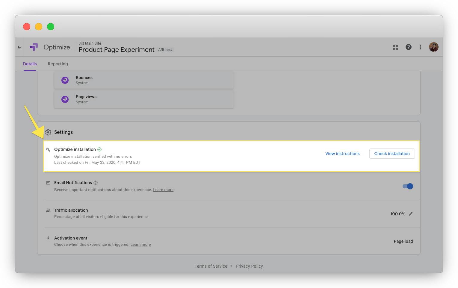 Google optimize code validation