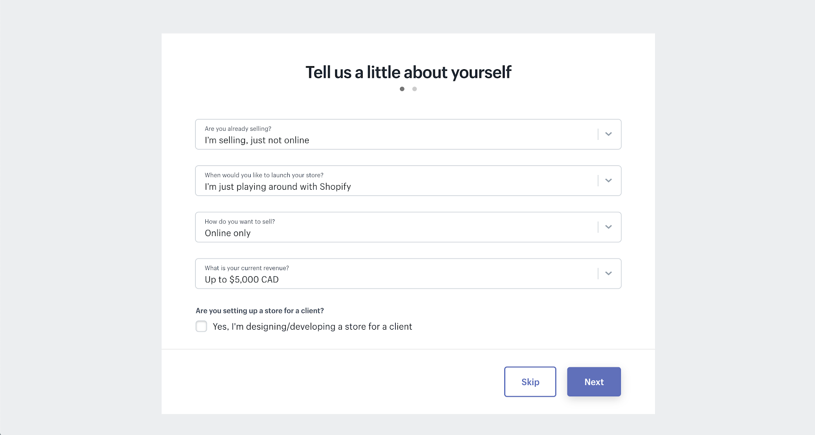 Shopify's account setup