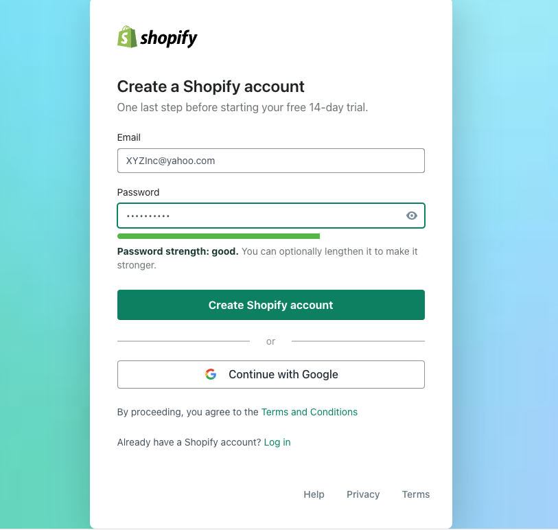 Shopify's signup page