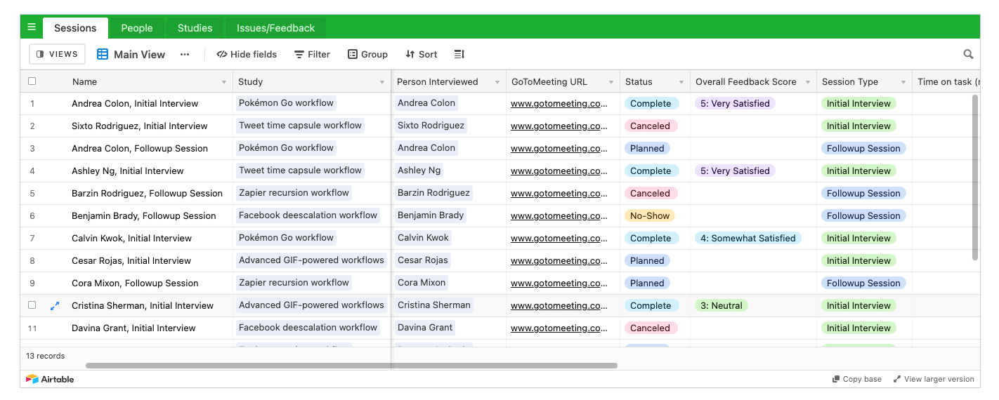 Zapier's customer feedback sheet
