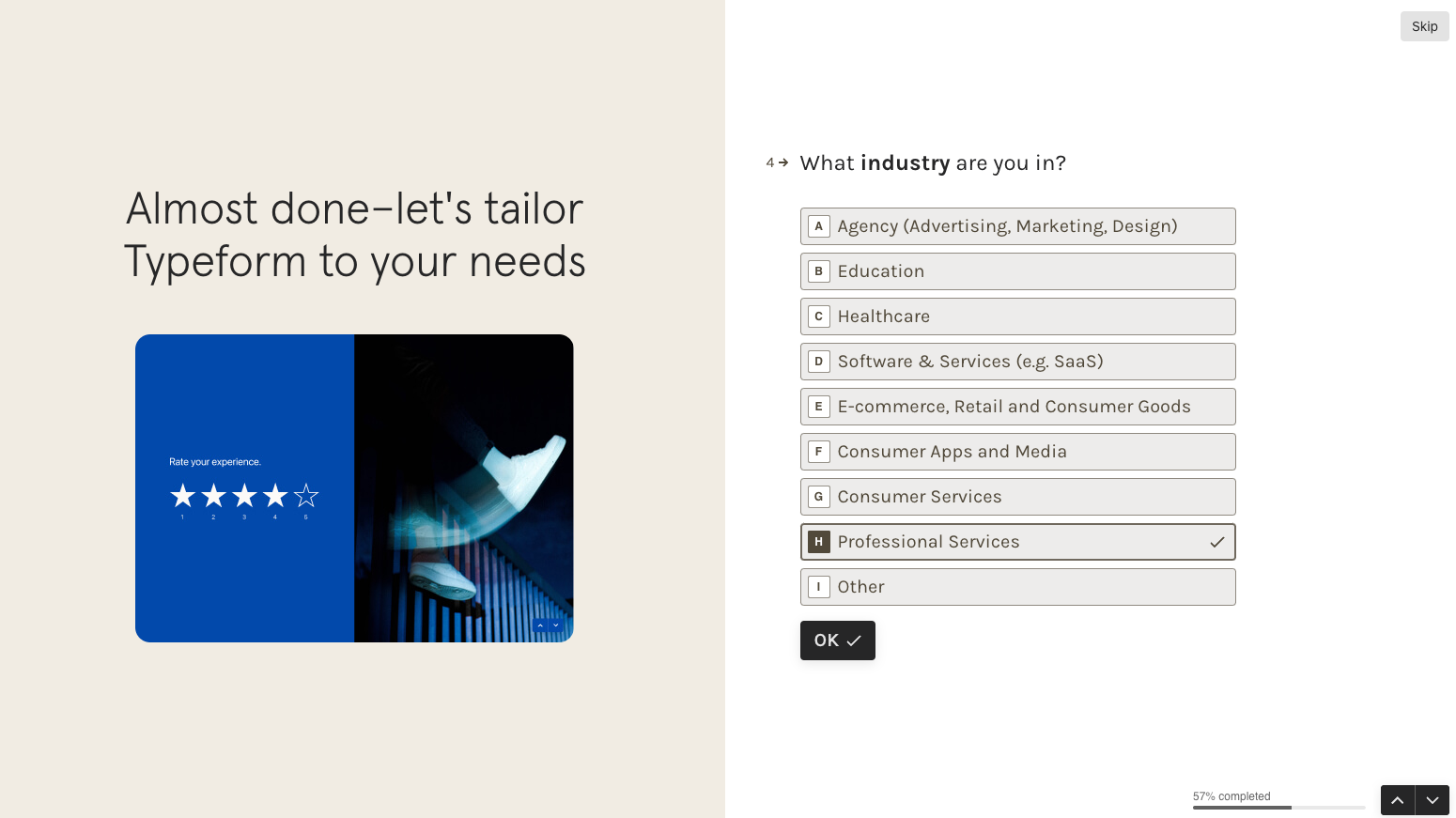 Typeform industry onboardinng question