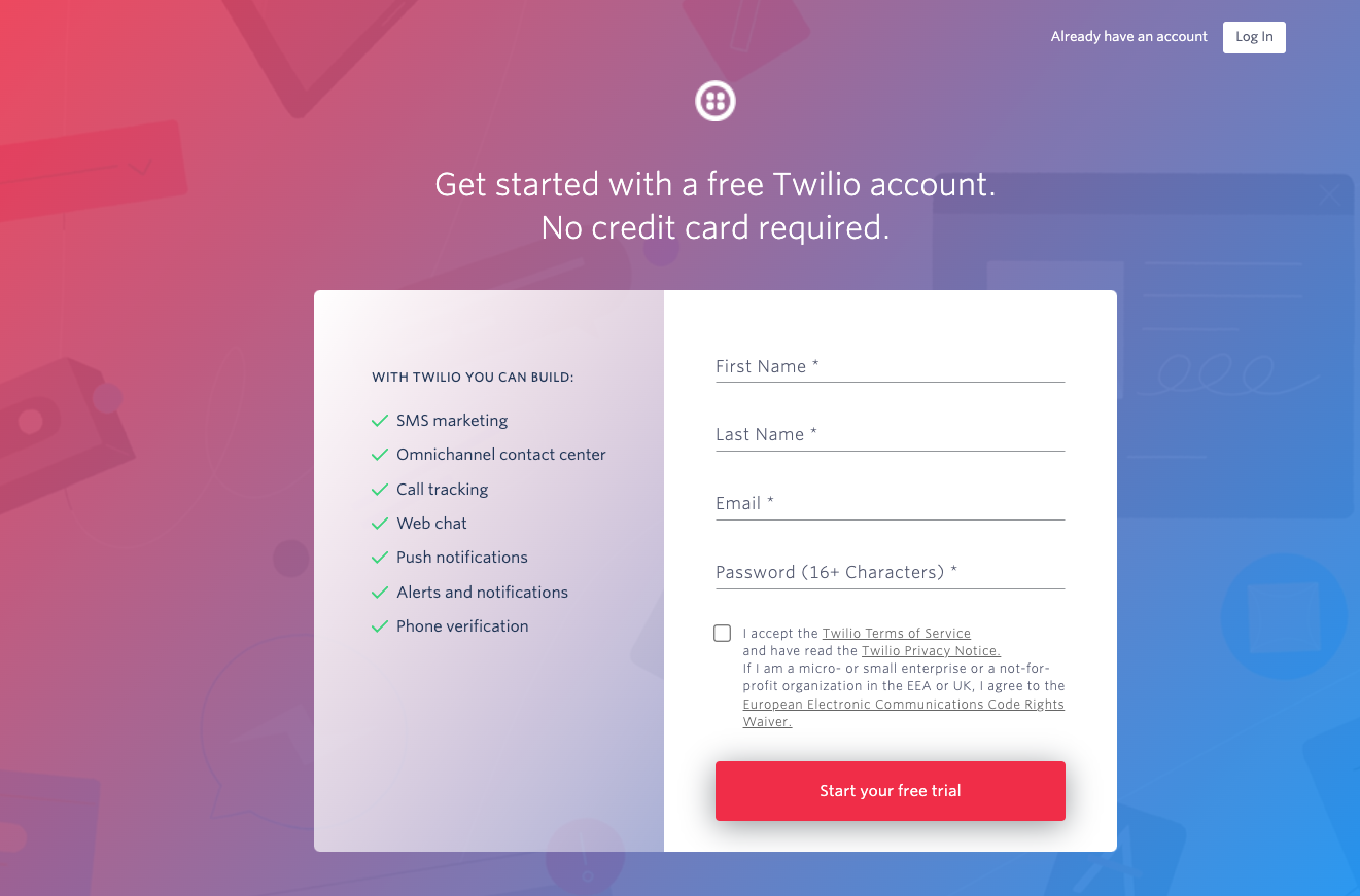 Twilio singup page