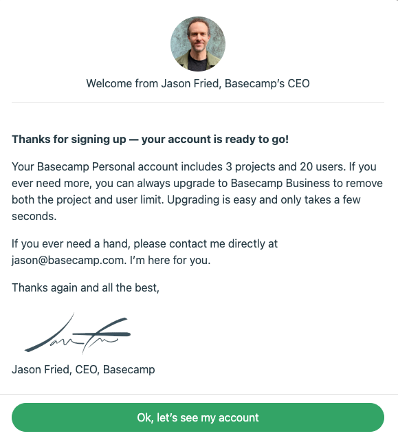 BaseCamp CEO's signup letter