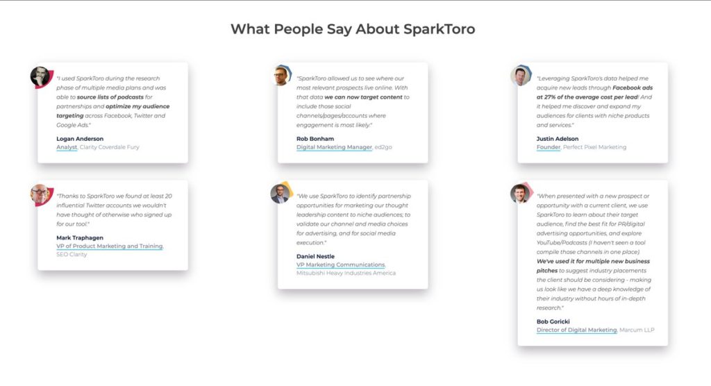 SparkToro pricing page as one of the best user onboarding examples for their testimonials