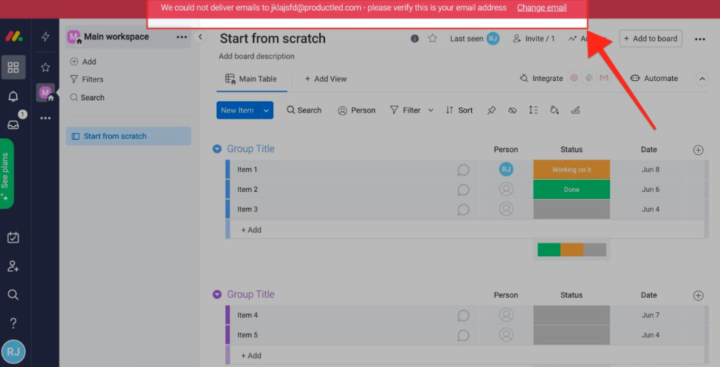 Monday.com's email verification banner 