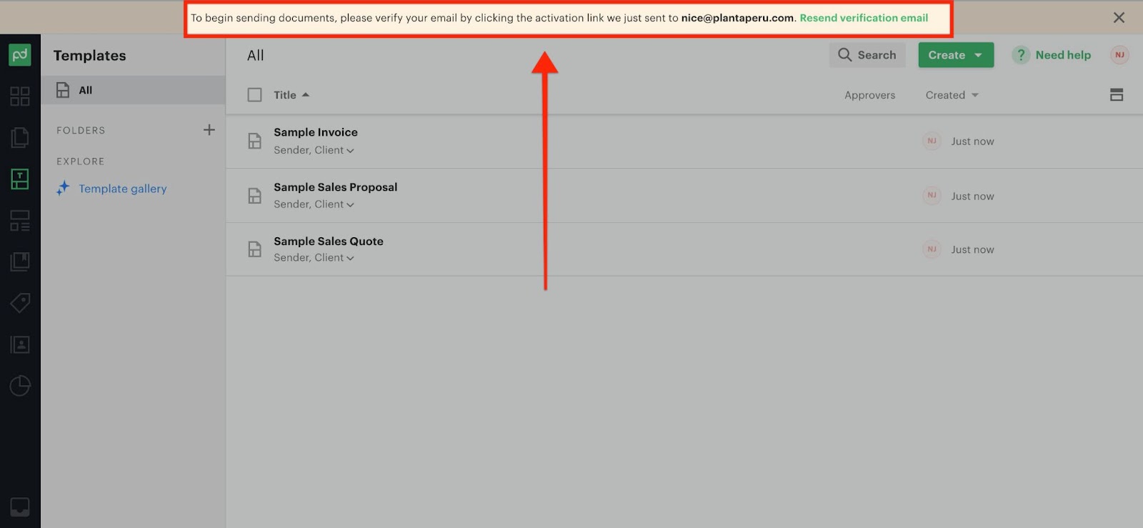 PandaDoc email verification banner