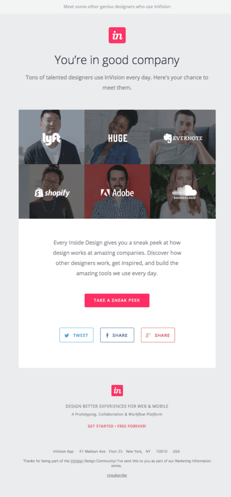 Best user onboarding example: Invision's onboarding email with testimonial