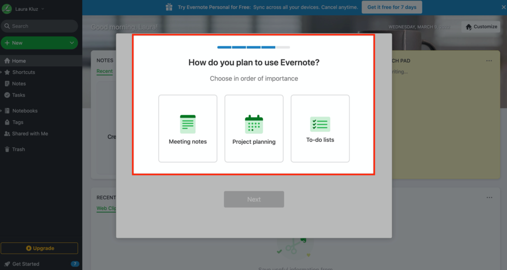 Evernote user onboarding example for segmenting user behaviour