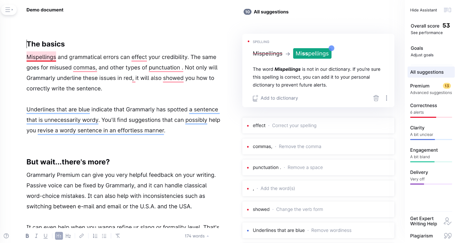 Grammarly's demo document with suggestions