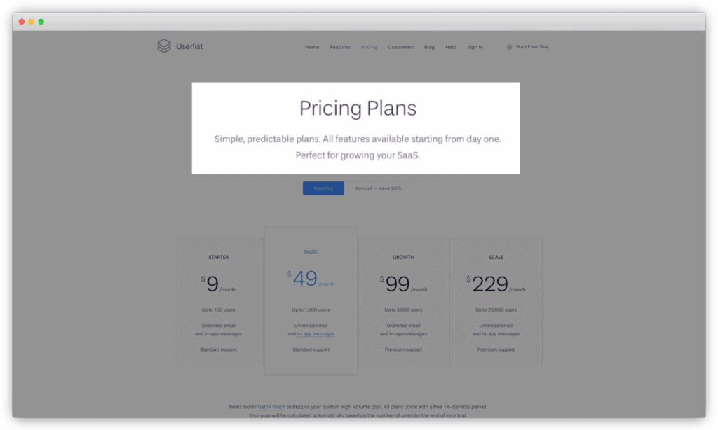 Userlist's pricing page headline