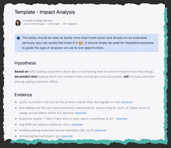 Hotjar Impact Analysis Template for a saas product manager