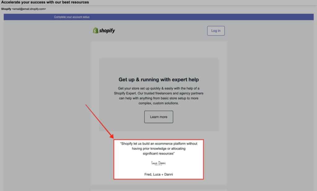 Shopify as a best user onboarding example for their testimonials