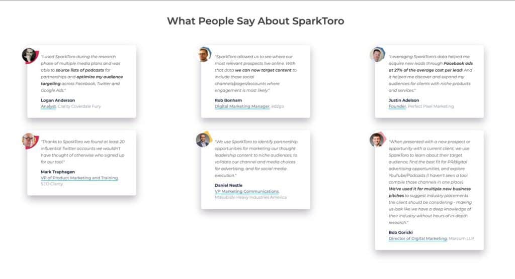SparkToro pricing page as one of the best user onboarding examples for their testimonials