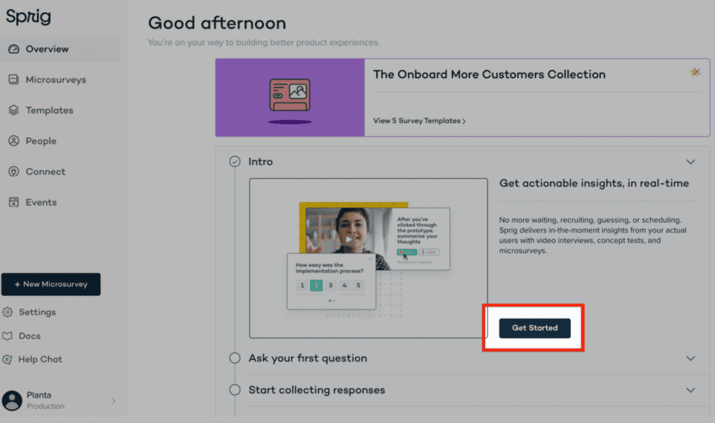 Sprig user onboarding experience asking if users want to do a product tour
