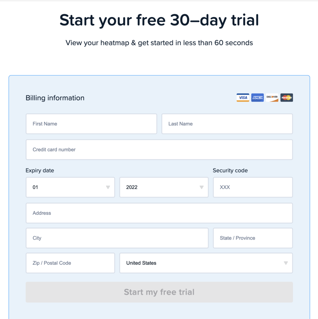 Crazy Egg's sign-up page to start a 30-day free trial, part of their product-led growth strategy.