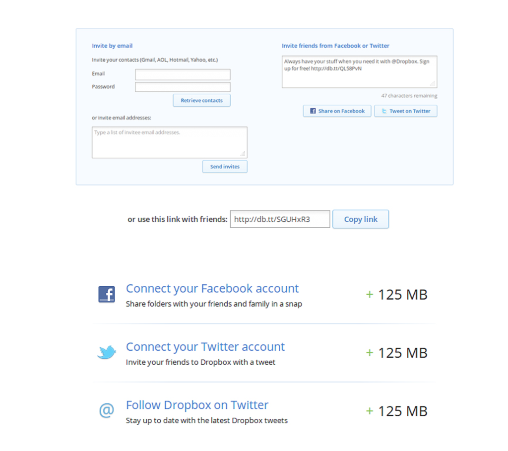 Dropbox extended its product-led growth strategy to Twitter and Facebook, offering 125 MB for each social media referral that signed up.