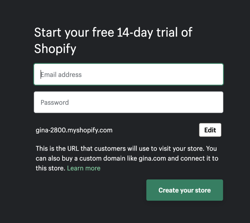 Shopify's signup page for their Product-led growth model, Time-Based Free Trial.