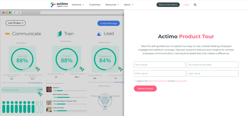 Actimo product tour sign up and create message promotion.