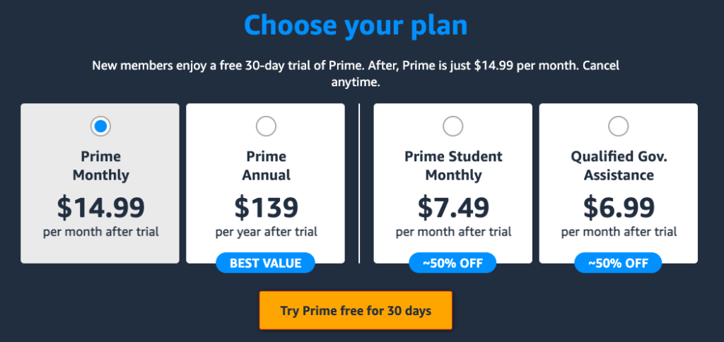 Amazon Prime: Plan Options