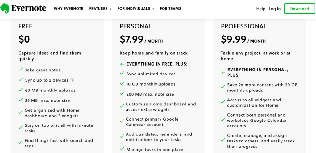 Evernote Pricing: Free, Personal, Professional